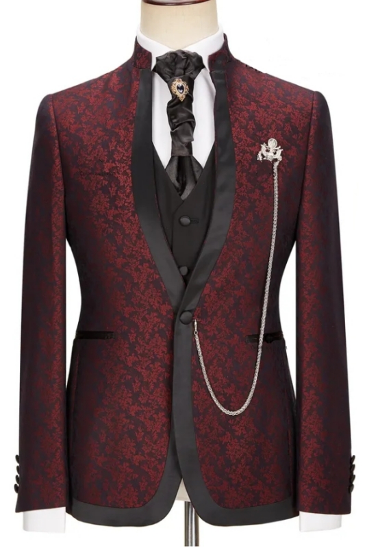 Newest Burgundy Jacquard Shawl Lapel Three Pieces Wedding Suits-BMbridal