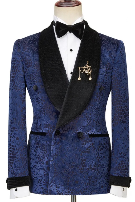 Navy Blue Jacquard Double Breasted Wedding Suits With Black Velvet Lapel-BMbridal