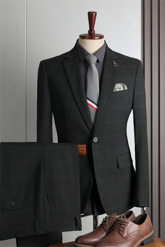 Formal Black Plaid Notched Lapel Two Pieces Business Suits-BMbridal