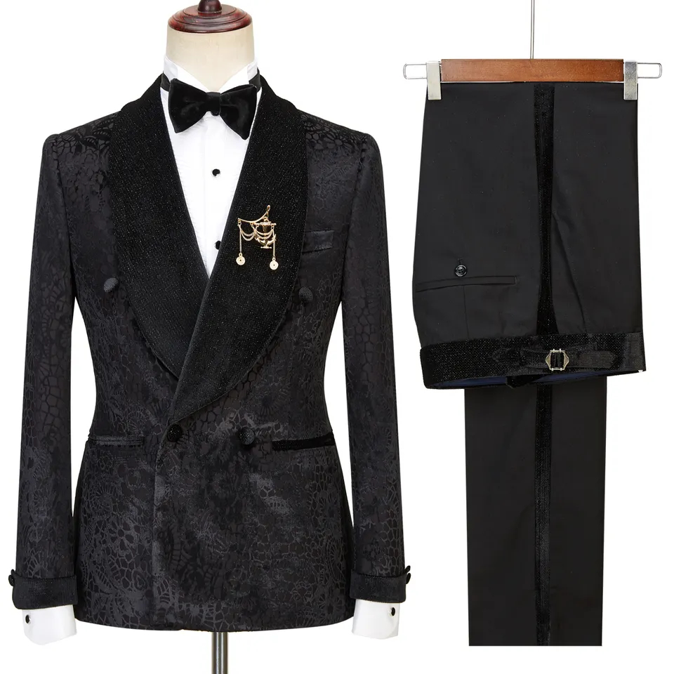 Bespoke Black Jacquard Double Breasted Wedding Suits With Velvet Shawl Lapel-BMbridal