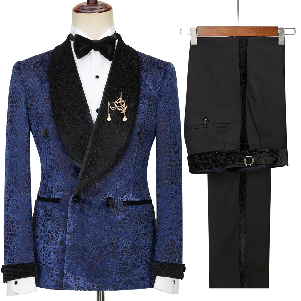 Navy Blue Jacquard Double Breasted Wedding Suits With Black Velvet Lapel-BMbridal