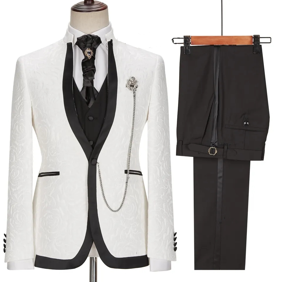 Glamorous White Jacquard Shawl Lapel Three Pieces Wedding Suits-BMbridal