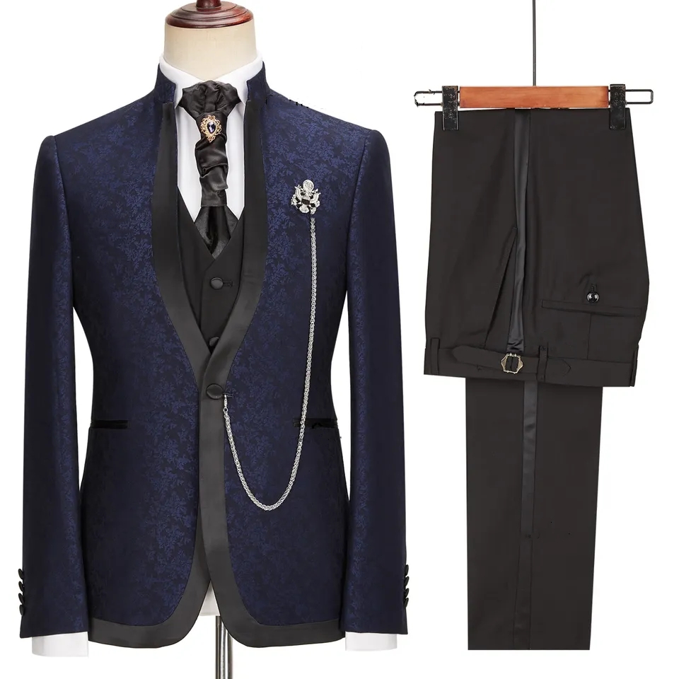 Navy Blue Jacquard Shawl Lapel Three Pieces New Arrival Wedding Suits-BMbridal
