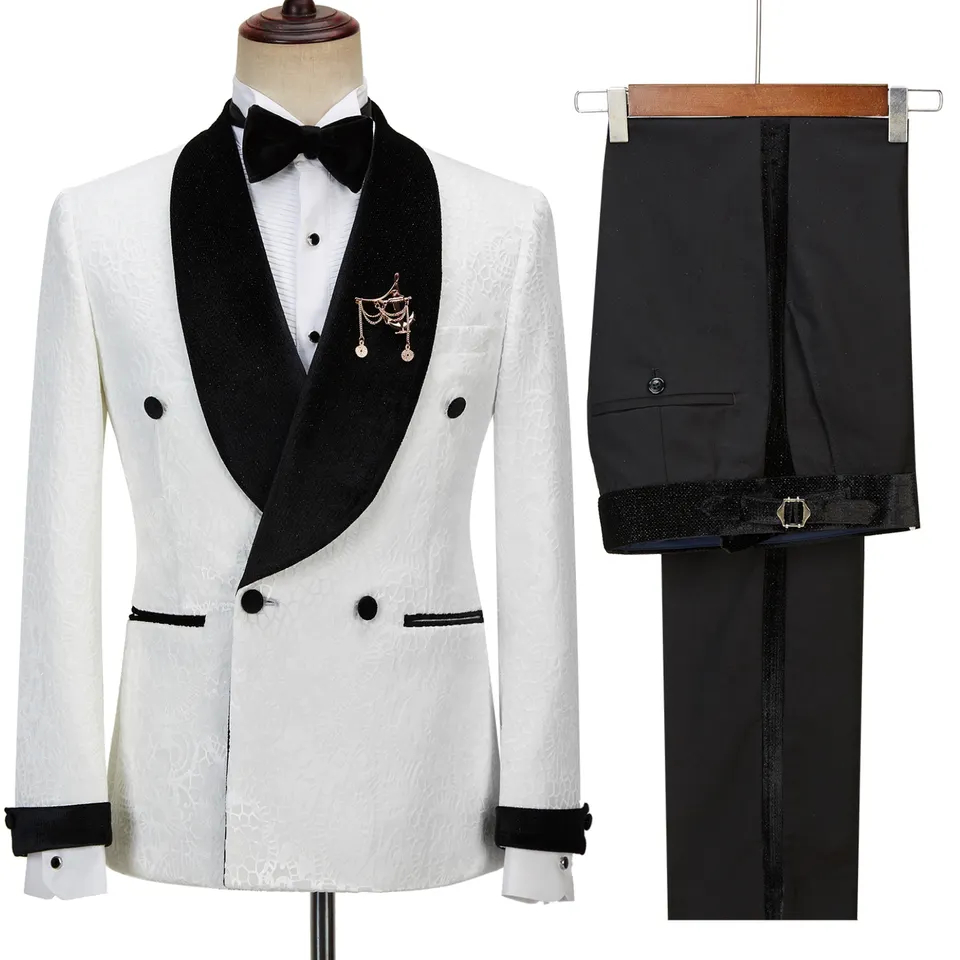 fancy white jacquard double breasted wedding suits with black velvet lapel-BMbridal