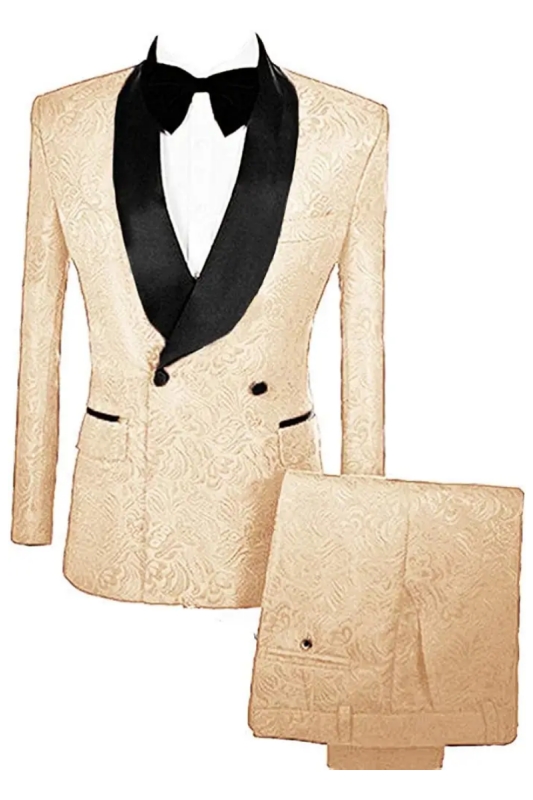 Fashion Champagne Double Breasted Jacquard Wedding Suits With Velvet Lapel-BMbridal