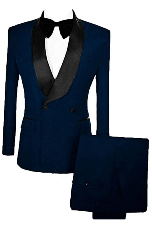 Navy Blue Double Breasted Jacquard Slim Fit Wedding Suits With Velvet Lapel-BMbridal
