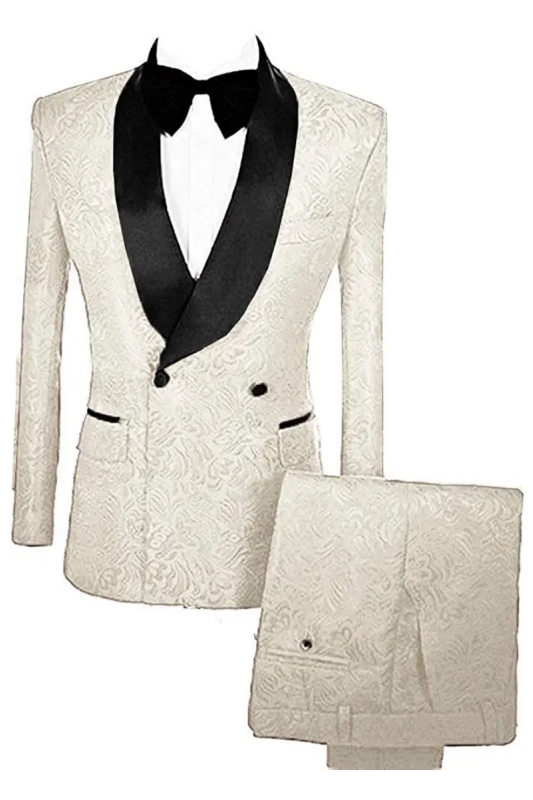 Off White Double Breasted Jacquard Chic Wedding Suits With Velvet Lapel-BMbridal