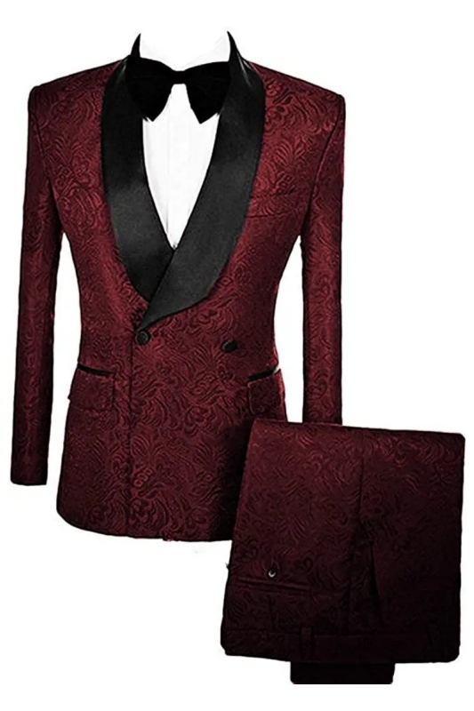 Fancy Burgundy Double Breasted Jacquard Wedding Suits With Velvet Lapel-BMbridal