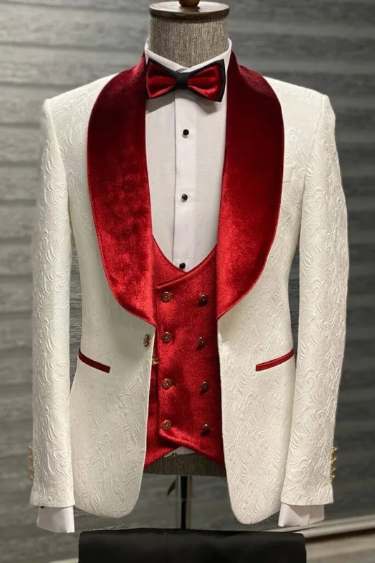 Fashion Red Velvet Shawl Lapel Three Pieces Jacquard Wedding Suits-BMbridal