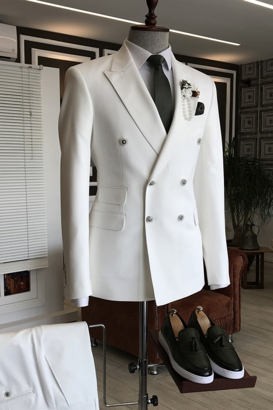 Chris Simple White Peaked Lapel Double Breasted Prom Suits-BMbridal