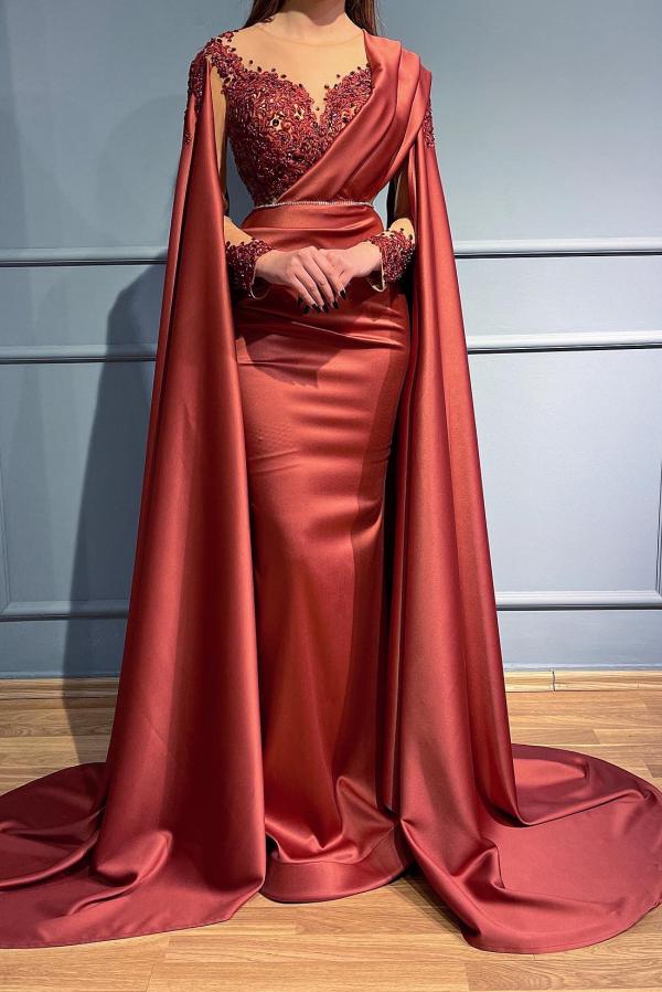 Bmbridal Rust Long Sleeves Mermaid Prom Dress Appliques Beads With Cape