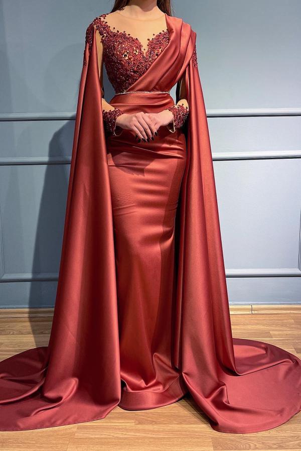 Bmbridal Rust Long Sleeves Mermaid Prom Dress Appliques Beads With Cape