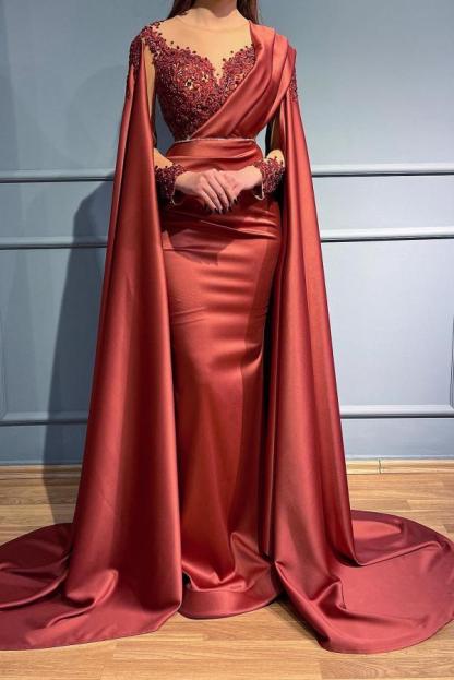 Bmbridal Rust Long Sleeves Mermaid Prom Dress Appliques Beads With Cape