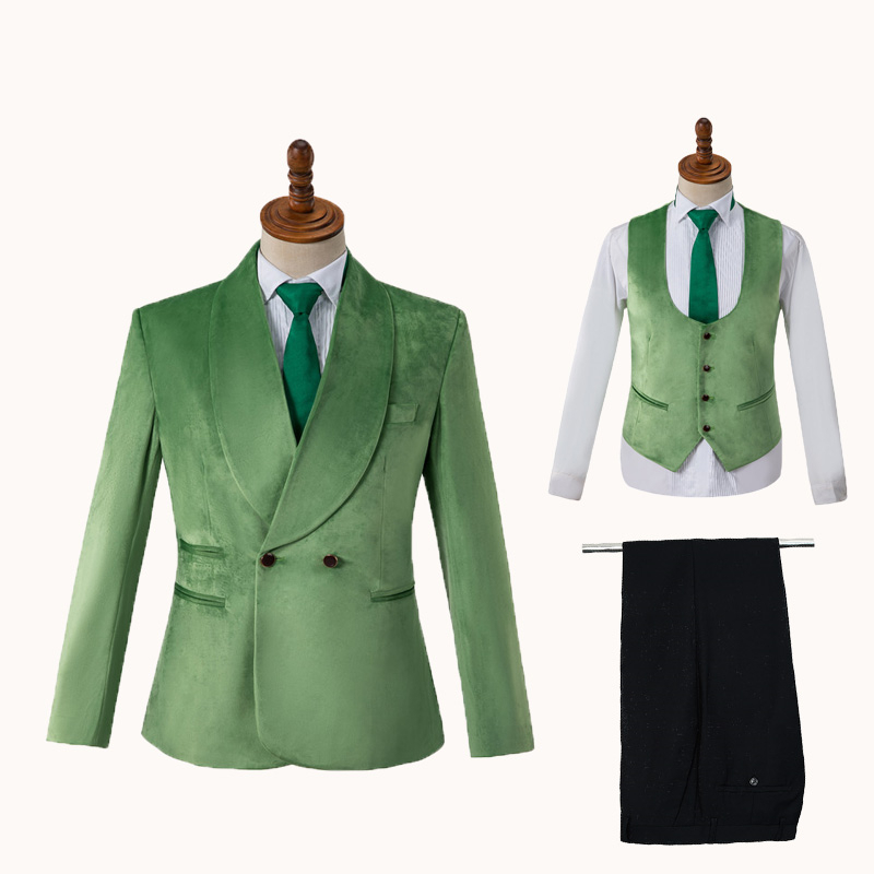 Modern Green Shawl Lapel Double Breasted Velvet Wedding Suits-BMbridal