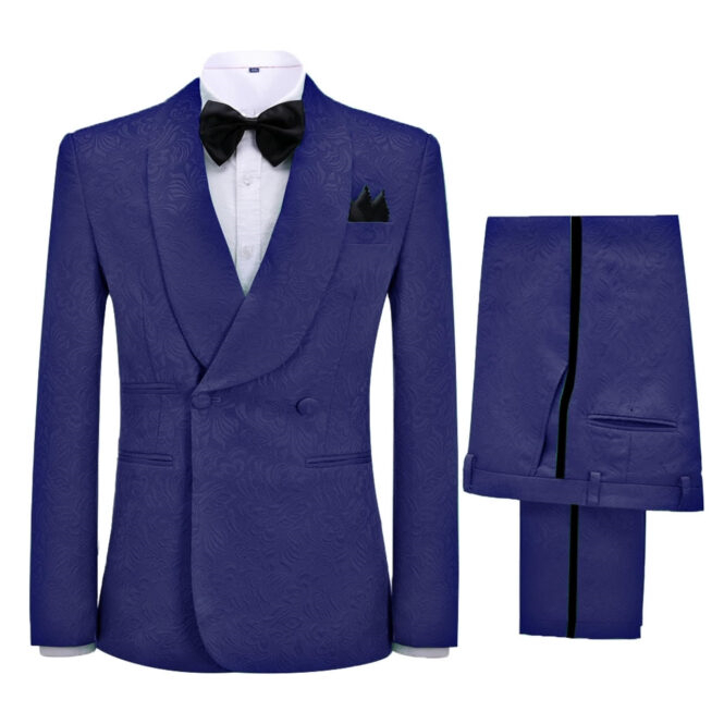 Chic Navy Blue Jacquard Shawl Lapel Double Breasted Wedding Suits-BMbridal