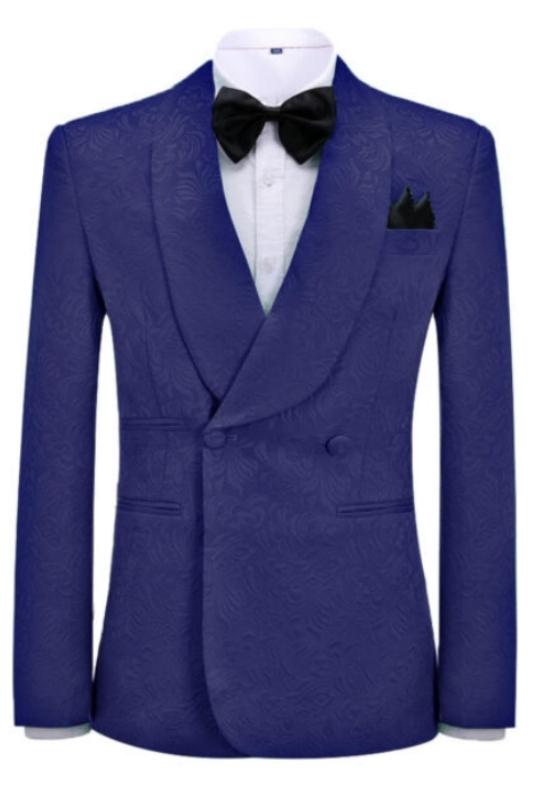 Chic Navy Blue Jacquard Shawl Lapel Double Breasted Wedding Suits-BMbridal