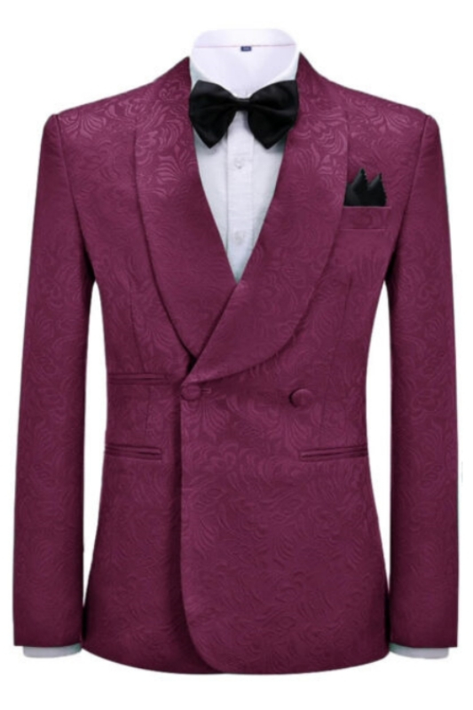 Newest Burgundy Jacquard Shawl Lapel Double Breasted Wedding Suits-BMbridal