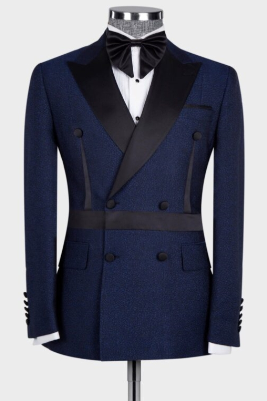 Stylish Navy Blue Peaked Lapel Double Breasted Prom Suits For Men-BMbridal