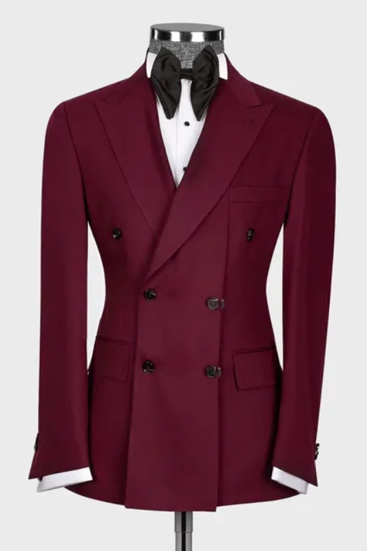 Chic Burgundy Peaked Lapel Double Breasted Prom Suits-BMbridal