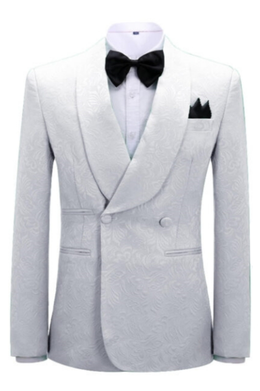 Simple White Jacquard Shawl Lapel Double Breasted Wedding Suits-BMbridal