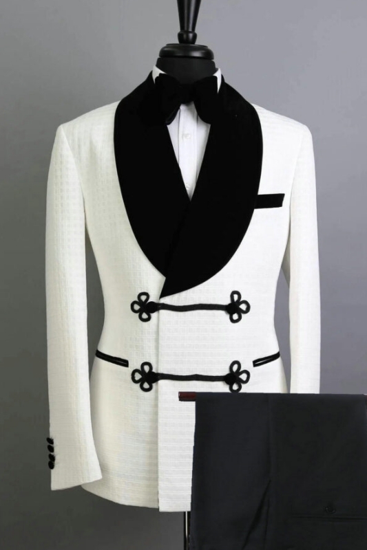 White Shawl Lapel Two Pieces Close Fitting Jacquard Wedding Suits-BMbridal