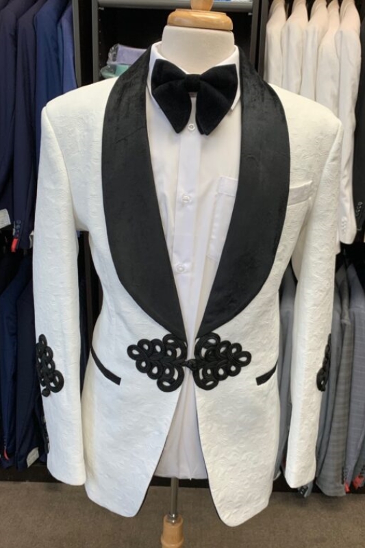 Bespoke White Jacquard Wedding Suits With Black Shawl Lapel-BMbridal