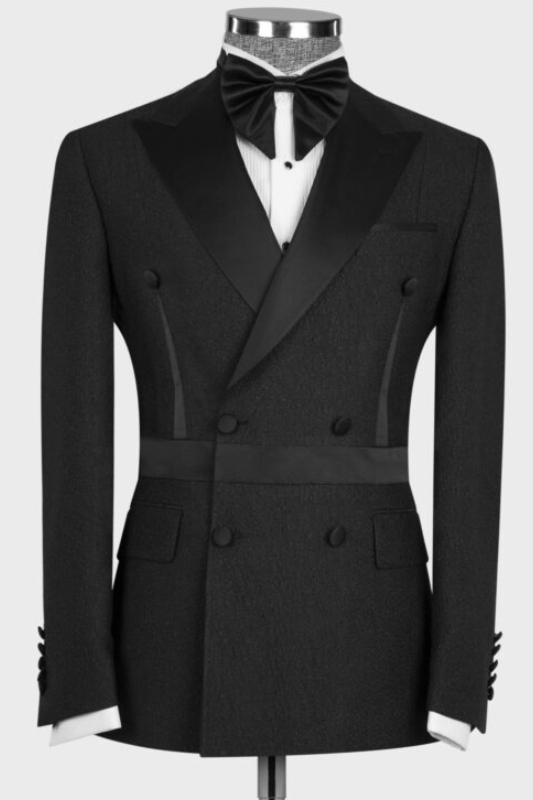 Simple Black Peaked Lapel Double Breasted Prom Suits For Men-BMbridal