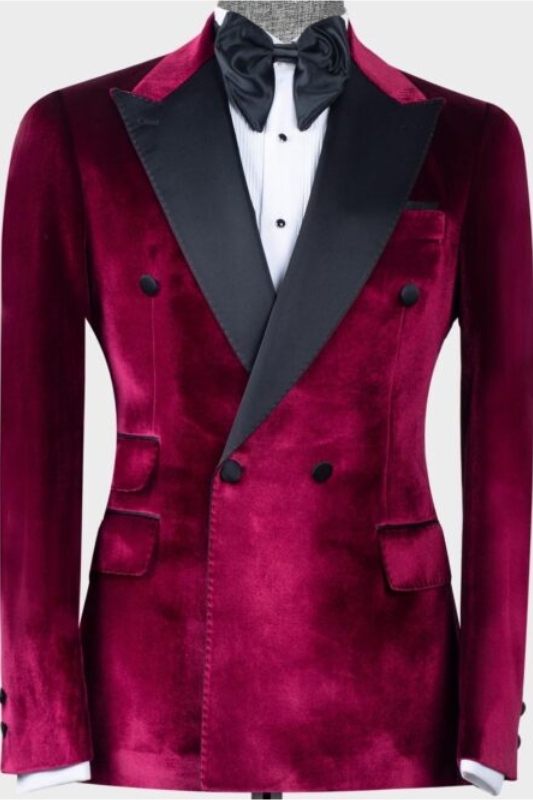 Fancy Wine Velvet Peaked Lapel Double Breasted Prom Suits-BMbridal