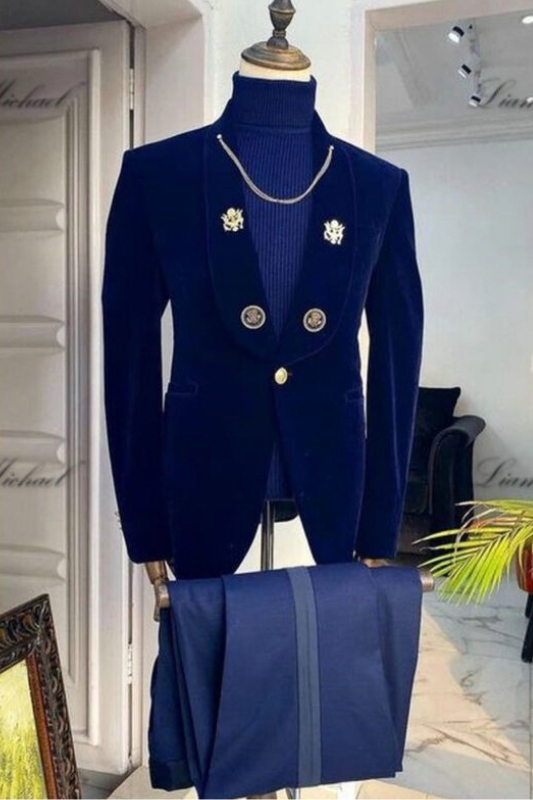 Dark Blue Shawl Lapel Two Pieces Velvet Men Suits For Wedding-BMbridal