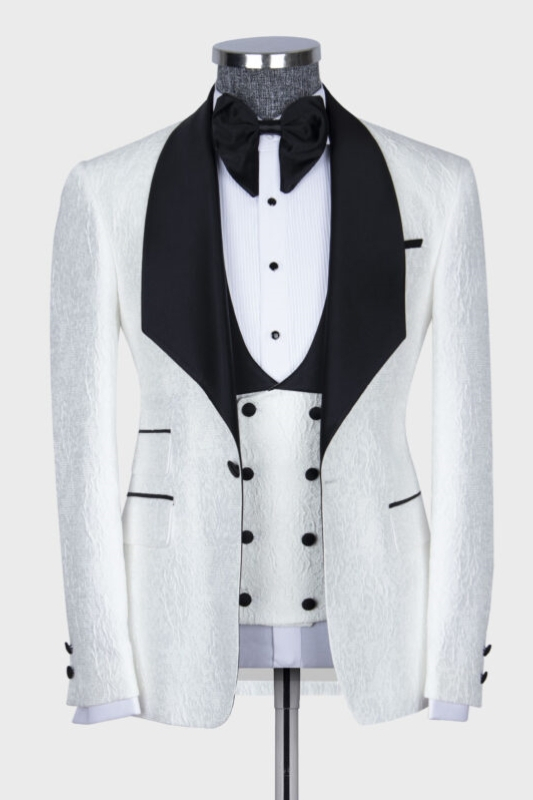 Bespoke White Jacquard Three Pieces Wedding Suits With Black Shawl Lapel-BMbridal