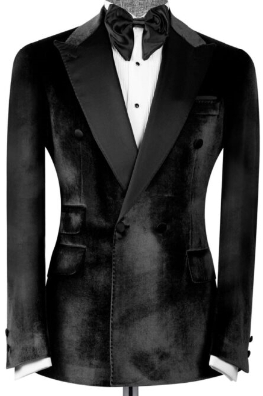 Fashion Black Velvet Peaked Lapel Double Breasted Prom Suits-BMbridal