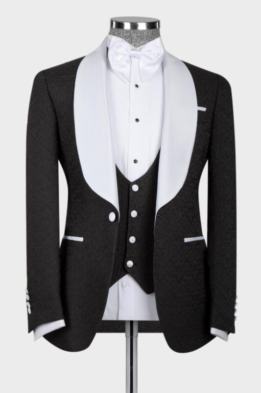Classic Black Three Pieces Wedding Suits With White Shawl Lapel-BMbridal