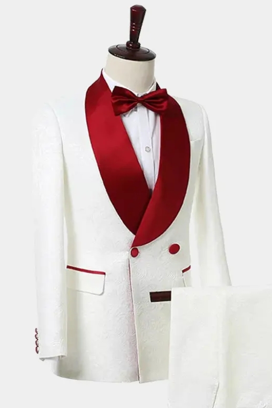 Newest White Double Breasted Jacquard Wedding Suits With Red Shawl Lapel-BMbridal