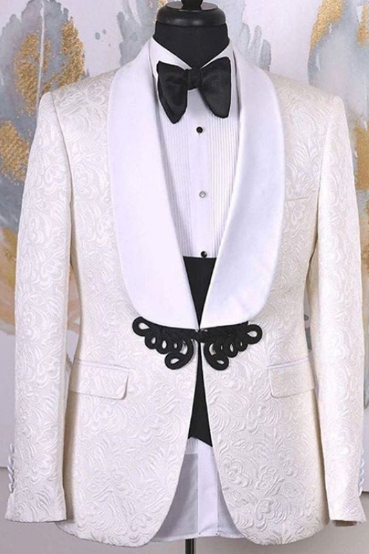 Chic White Shawl Lapel Two Pieces Jacquard Wedding Suits-BMbridal