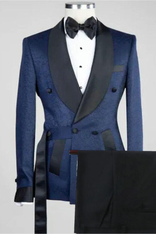 Navy Blue Jacquard Shawl Lapel Double Breasted Chic Wedding Suits-BMbridal