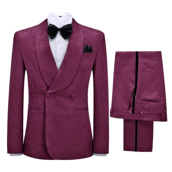 Newest Burgundy Jacquard Shawl Lapel Double Breasted Wedding Suits-BMbridal