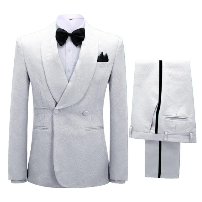 Simple White Jacquard Shawl Lapel Double Breasted Wedding Suits-BMbridal