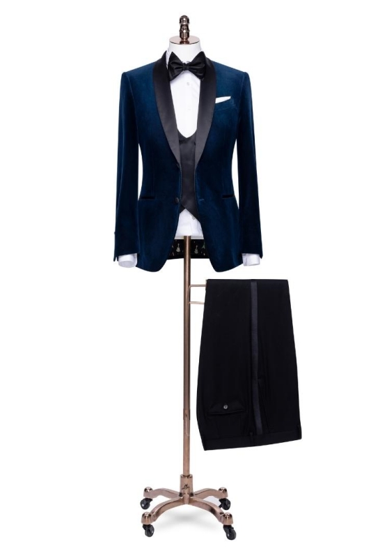 Fancy Navy Blue Shawl Lapel Three Pieces Velvet Wedding Suits-BMbridal