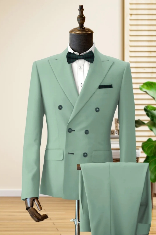 Light Green Peaked Lapel Double Breasted Modern Men Suits For Prom