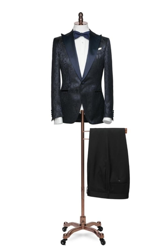 Black Peaked Lapel Two Pieces Jacquard Slim Fit Prom Suits-BMbridal