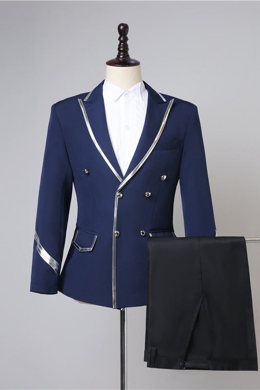 Navy Blue Double Breasted Peaked Lapel New Arrival Prom Suits-BMbridal