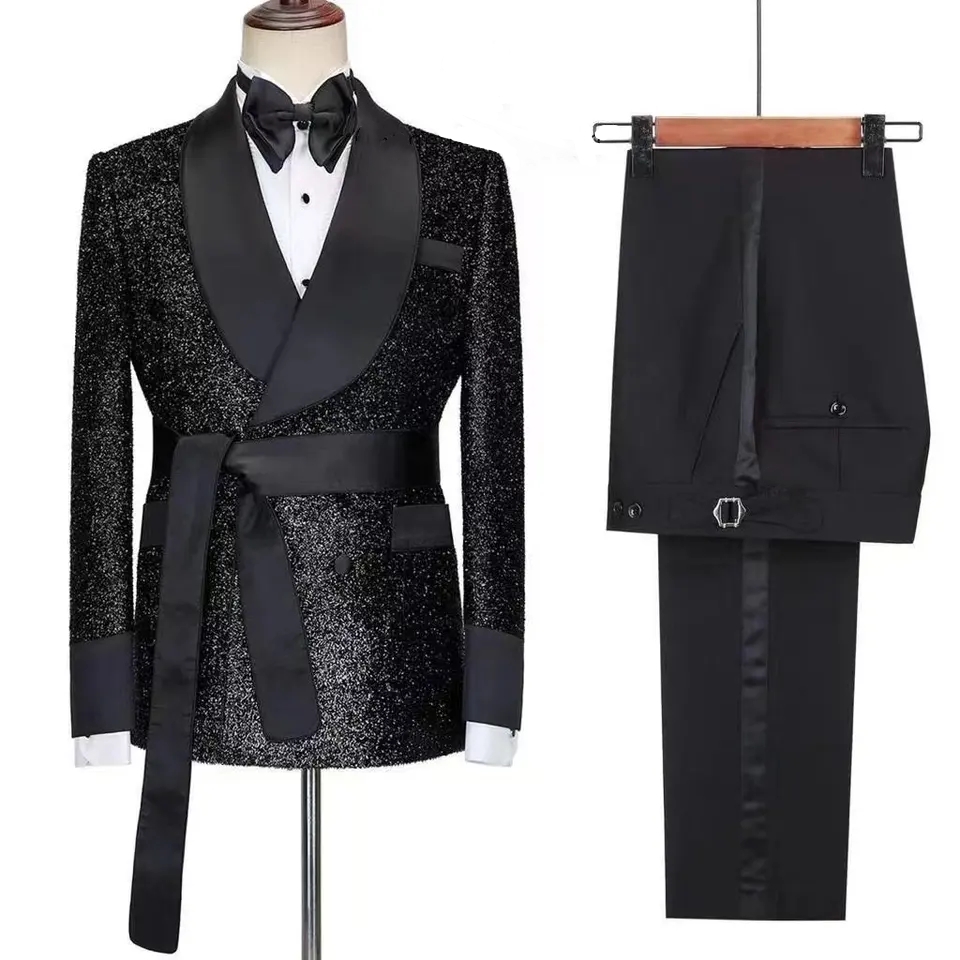 Stylish Black Shawl Lapel Two Pieces Sequins Wedding Suits-BMbridal