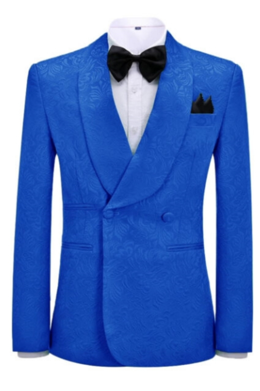 Bespoke Royal Blue Jacquard Shawl Lapel Double Breasted Wedding Suits-BMbridal