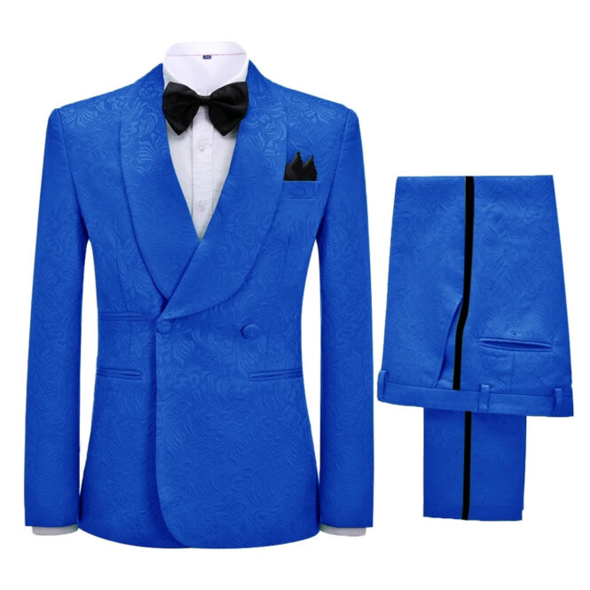 Bespoke Royal Blue Jacquard Shawl Lapel Double Breasted Wedding Suits-BMbridal