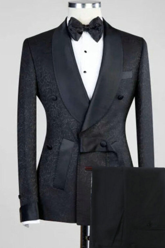 Black Shawl Lapel Double Breasted Wedding Suits Jacquard Two Pieces Blazers Pants Wedding Party Wear Prom-BMbridal
