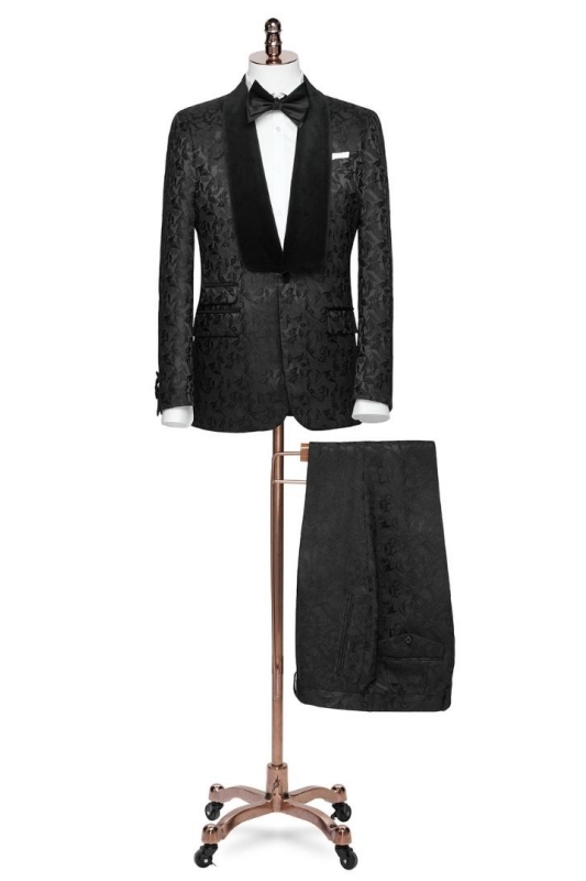Modern Black Jacquard Shawl Lapel Two Pieces Wedding Suits-BMbridal