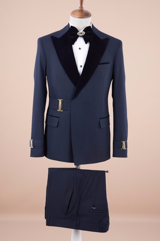 Navy Blue Peaked Lapel Two Pieces Fancy Prom Suits-BMbridal