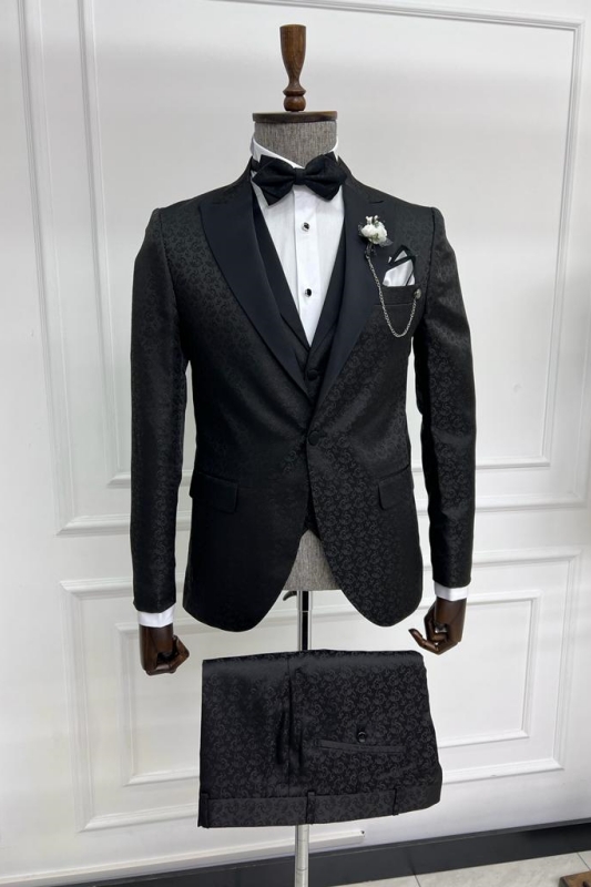 Classic Black Jacquard Notched Lapel Three Pieces Prom Suits-BMbridal