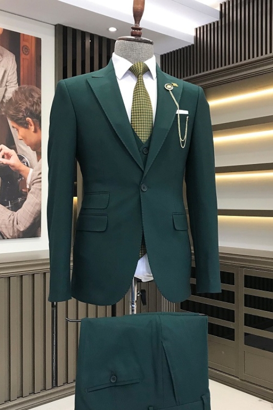 Dark Green Peaked Lapel Three Pieces Chic Prom Suits-BMbridal