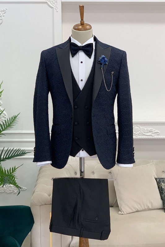 Newest Navy Blue Peaked Lapel Three Pieces Jacquard Prom Suits-BMbridal
